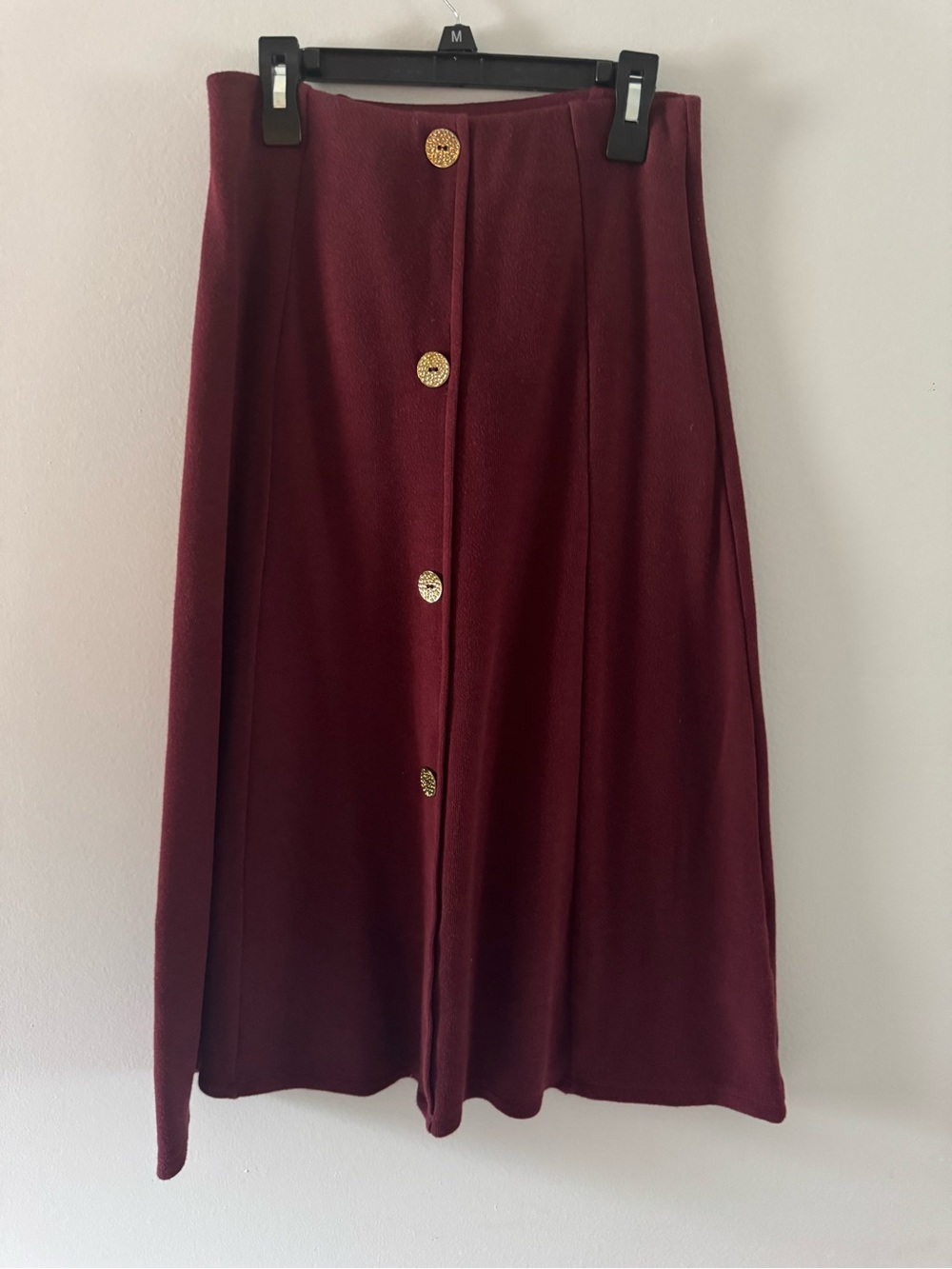 Zara Burgundy Button-Front Midi Skirt with Gold Buttons